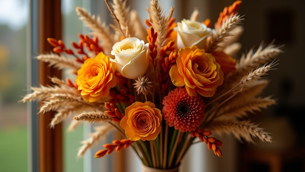 Autumn dried flower bouquet with warm orange, burgundy and gold tones