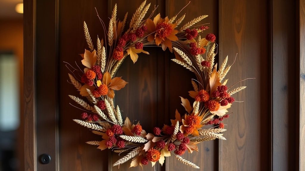 Autumn wreath featuring dried wheat, golden pampas, and burgundy flowers on natural wood backdrop