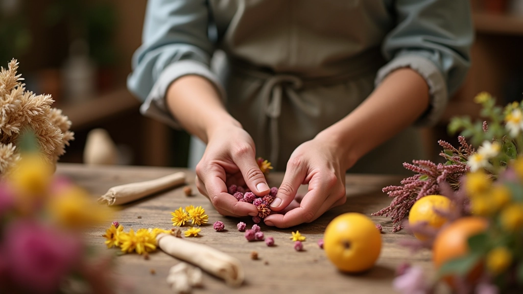 Hands carefully assembling dried flower arrangement showing the handcrafted process