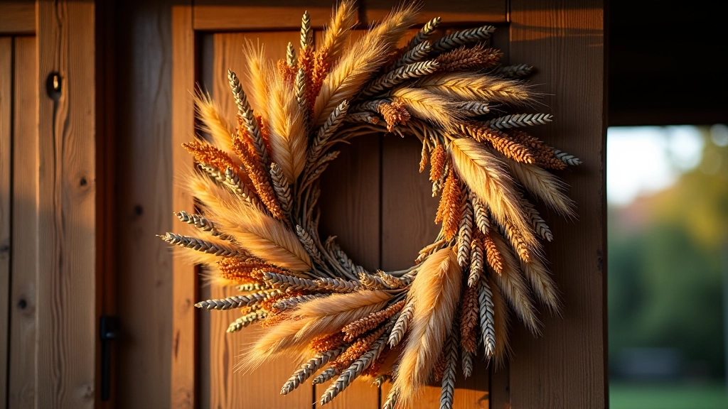 Autumn wreath made with dried pampas grass, eucalyptus, and wheat hanging on a wooden door