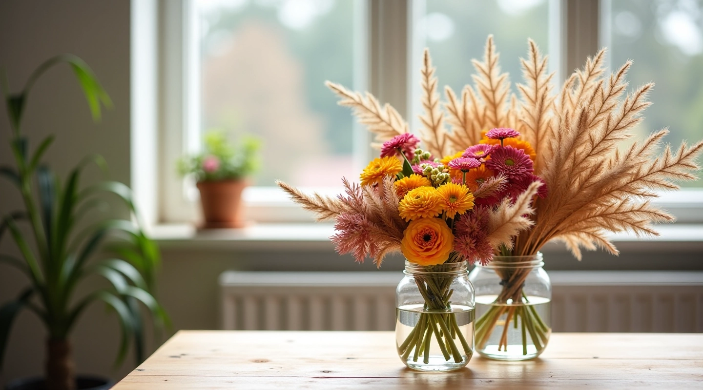 norditide dried flower arrangements displayed in a modern wooden studio with natural afternoon light streaming through large windows