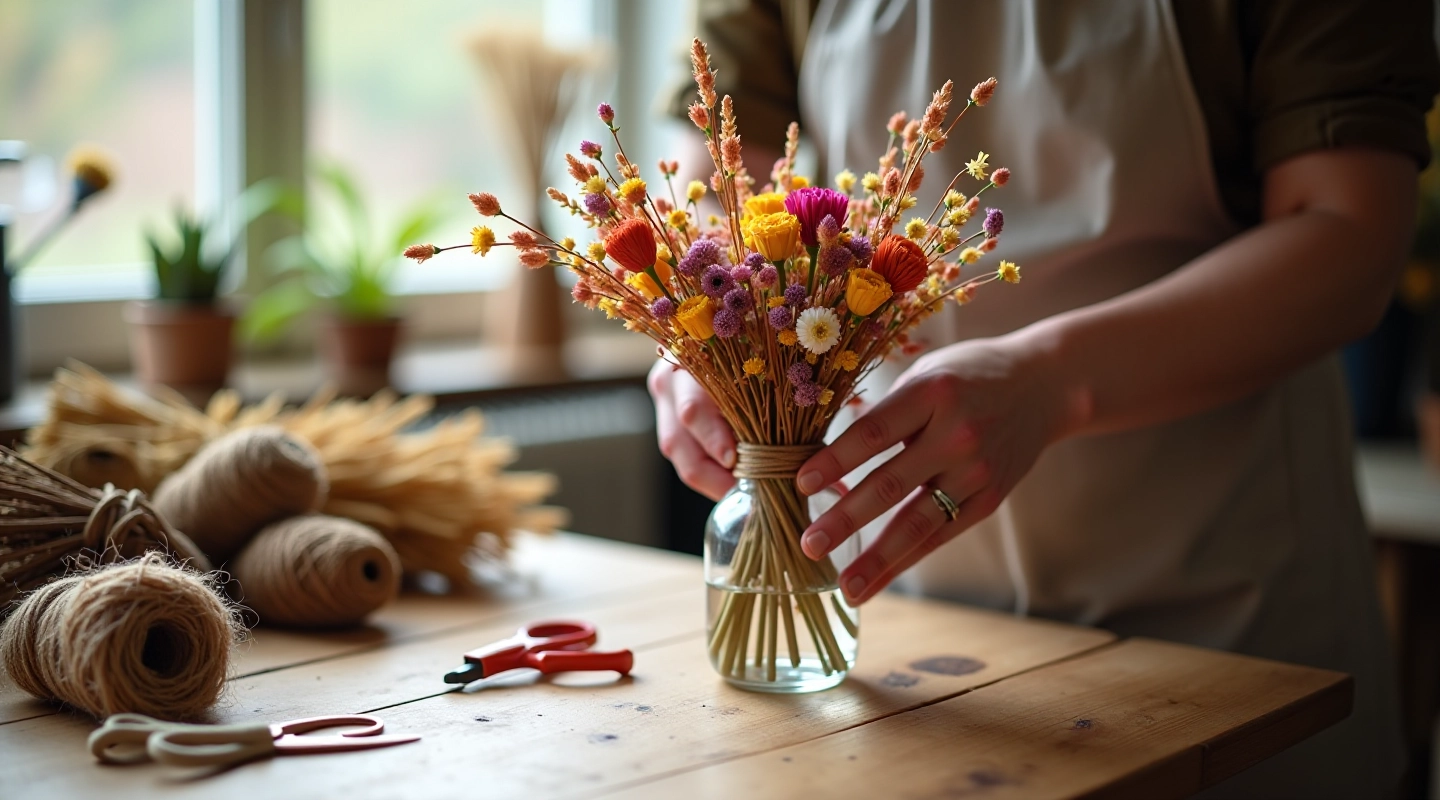 Hands arranging dried flowers in a glass vase on a wooden table with scissors nearby