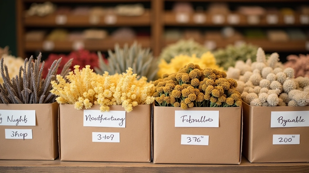 Dried flowers in clear storage boxes with labels showing pampas grass, dried roses, and eucalyptus