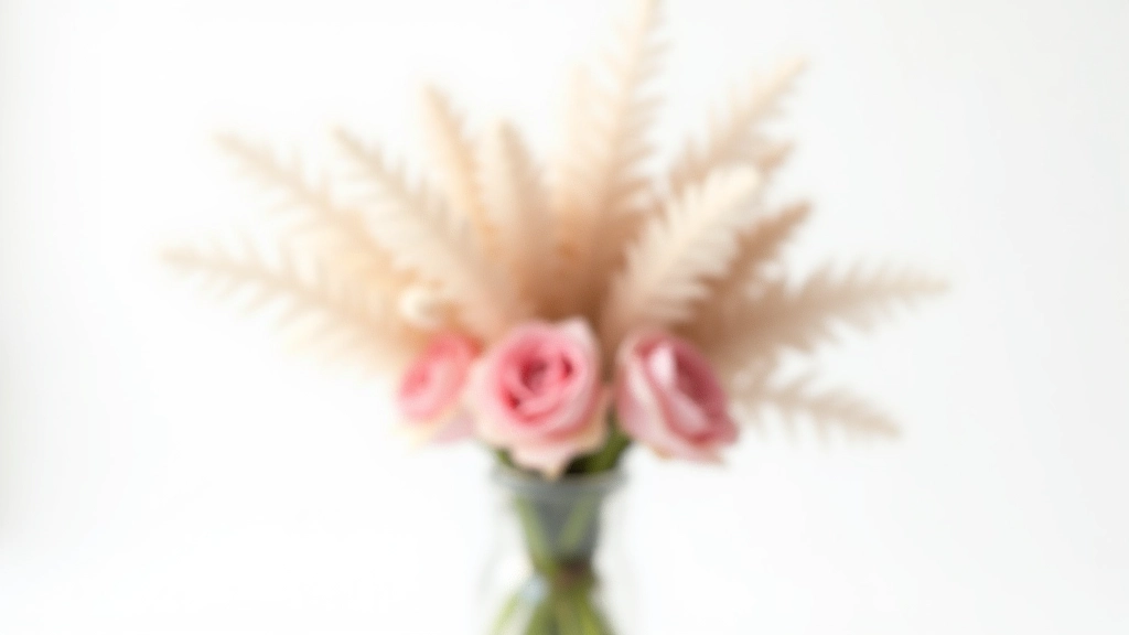 Spring arrangement with soft pink dried roses and white pampas grass in a clear glass vase