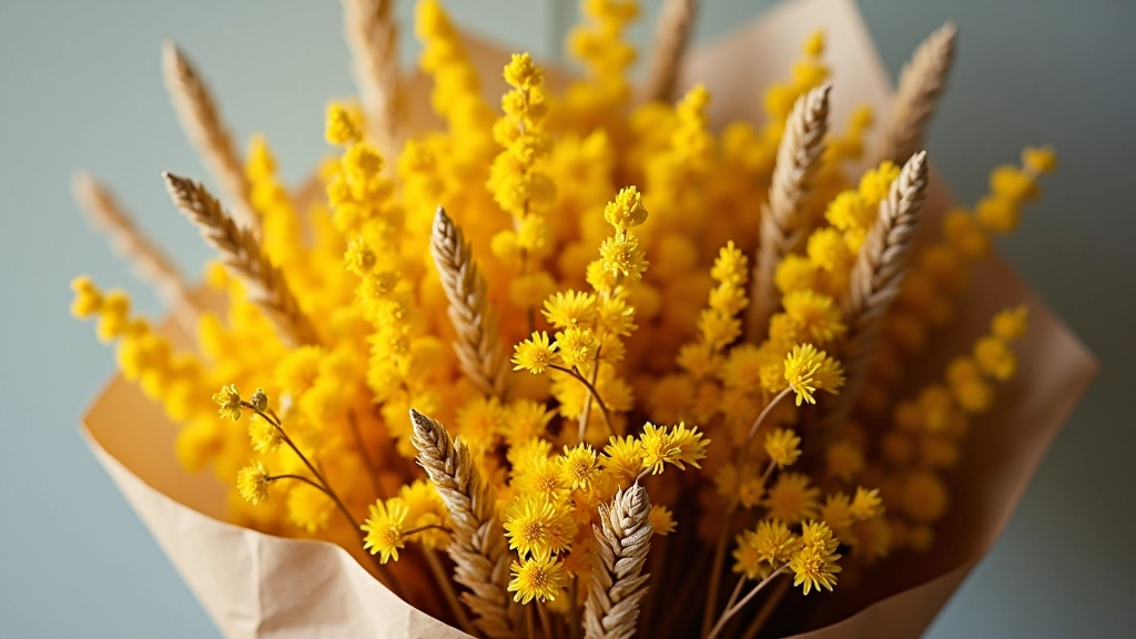 Summer bouquet of dried sunflowers and grasses creating a warm yellow and cream composition