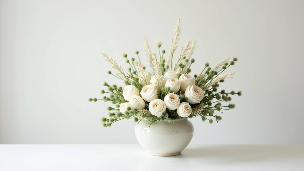 Winter arrangement with white dried flowers and evergreen branches in a neutral ceramic container