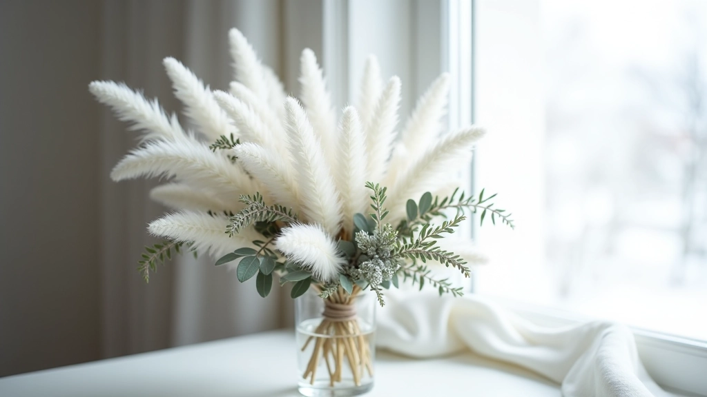 Winter dried flower arrangement with white, silver and sage green tones
